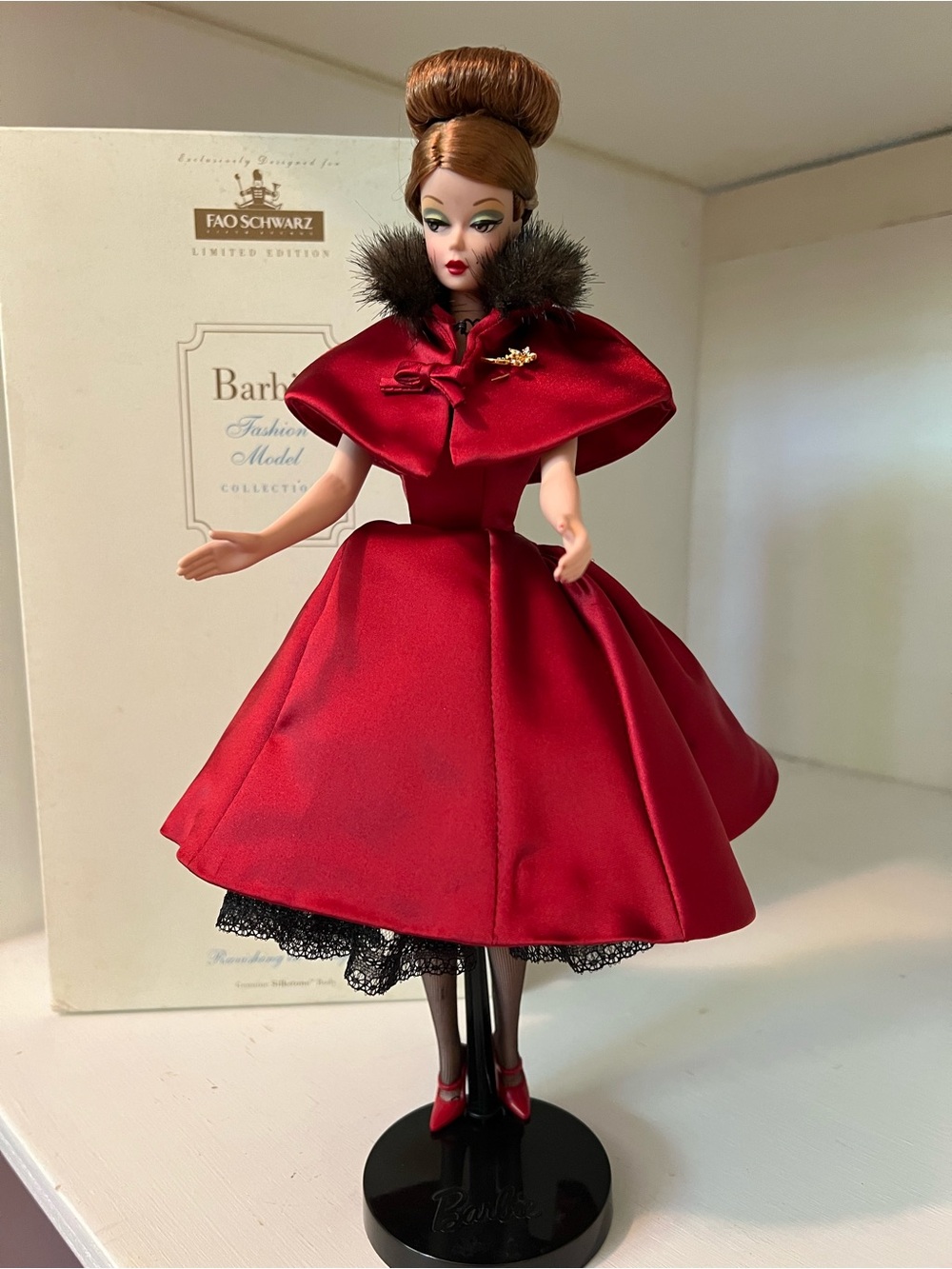 Barbie Red Satin Capelet with Black Fur Collar